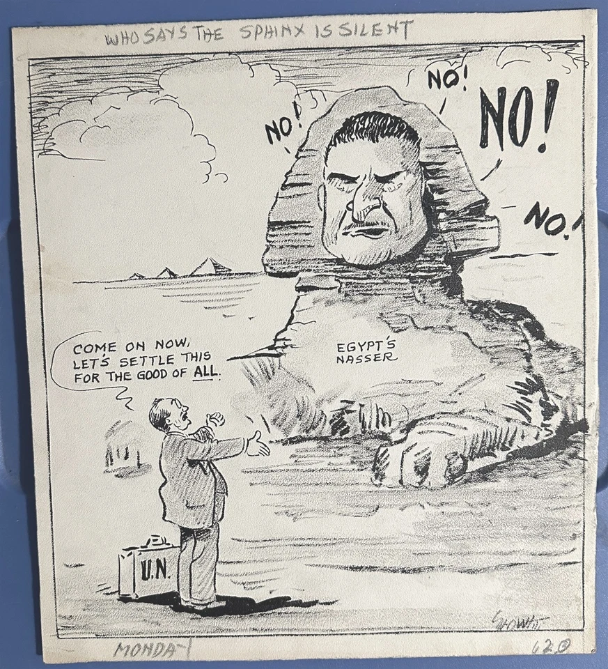 OBRA DE ARTE ORIGINAL GEORGE WHITE CARICATURA EDITORIAL NASSER DE EGIPCIO COMO ESFINGE VS UN Foto 1 de 1