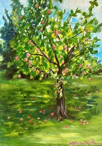 Apfelbaum Acryl Gemälde Original Kunst Obstbaum Wandbild Küche Deko 5x7 - Bild 1 von 6