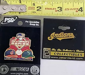 Set Of 2 CLEVELAND INDIANS Chief Wahoo SEATTLE MARINERS 2001 Playoffs Lapel Pins - Picture 1 of 9