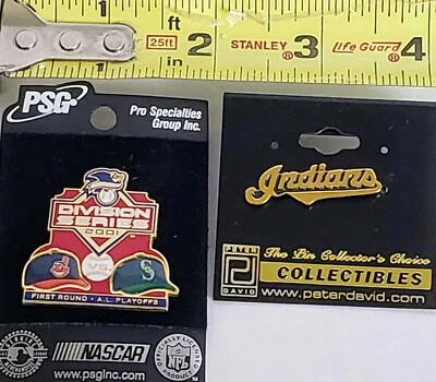 Set Of 2 CLEVELAND INDIANS Chief Wahoo SEATTLE MARINERS 2001 Playoffs Lapel Pins - Image 1 of 4