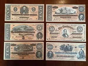 6 Confederate States Of America Currency Bills Facsmilie $1 $5 $10 $20 $50 $100 - Picture 1 of 12