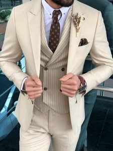 Hombre Traje Beige 3 Piezas Pico Solapa Formal Fiesta Baile de graduación Novio Esmoquin Boda Personalizado - Imagen 1 de 9