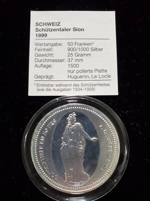 1999 Switzerland Silver 50 Francs Shooting Festival Sion w/ COA (Z-0354) - Image 1 of 2