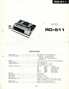 GRABADORA DE CINTA PORTÁTIL MANUAL DE SERVICIO NÍTIDO DE COLECCIÓN MODELO RD-511 - Imagen 1 de 2