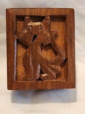 Vintage Hand Carved Wood Trinket Box Cat Boho Decor Small 3 X 3