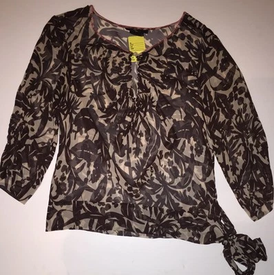 Blusa BCBG MAX AZRIA Seda Transparente Mediana M Floral Corbata Marrón Rosa Borde Top Safari Foto 1 de 4