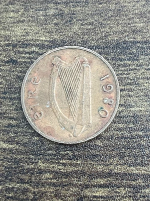 1980 Ireland 1 One Penny Copper Plated Steel harp Stylized bird Coin TB55* - Image 1 of 3