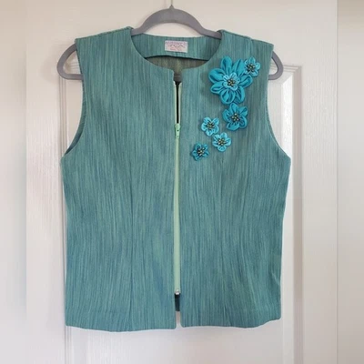 Handmade Blue Green Tweed 3D Floral Detailing Zipper Vest, Size Small - Image 1 of 4
