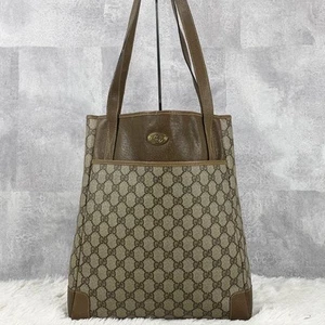 Gucci GG Pattern Leather Canvas Tote Bag Shoulder Logo Brown Beige Logo Vintage - Picture 1 of 24