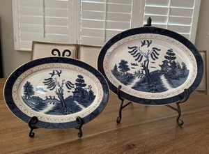 Juego de 2 platos ovalados vintage BlueWillow Ironstone con adornos dorados, 16" 12" Japón - Imagen 1 de 12