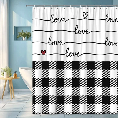 Cortina de ducha Love blanca y negra con patrón de corazón Foto 1 de 4