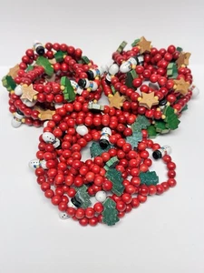 Vintage Holz Perlen Weihnachtsbaum Girlande Schneemann Bäume Sterne 3 Stränge je 9 Fuß - Bild 1 von 10