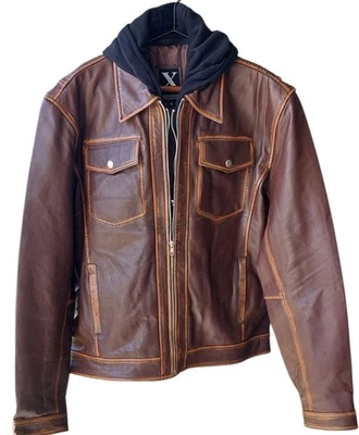 Mens Leather Hood Jacket Vintage Wax Soft Winter Real Leather Detachable Jacket - Image 1 of 4