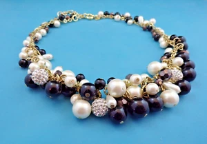 Talbot Statement Necklace, Pearls, Rhinestone Orbs, Onyx Beads, Gold-tone Chain - Picture 1 of 5