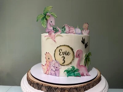 Cute Dinosaurs - pre-cut edible cake topper set for girl Birthday, baby shower - Image 1 of 4