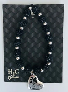 My Cat Rescued Me Paw & Heart Black Beaded Stretch Bracelet - Picture 1 of 2