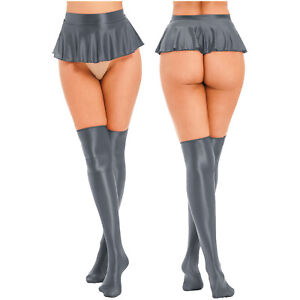 US Womens Oil Glossy Pleated Miniskirt with Thigh High Stockings Lingerie Set