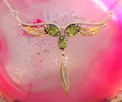 KX Collier Collana Piuma Argento Sterling 925 Peridoto Olivina Verde - Immagine 1 di 4