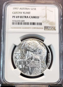 1996 AUSTRIA SILVER 20 EURO GUSTAV KLMIT THE KISS NGC PF 69 ULTRA CAMEO SCARCE - Picture 1 of 3