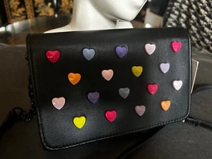 Betsey Johnson Black crossbody w/ rainbow color  hearts NWT - Picture 1 of 10