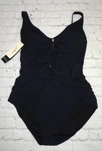 PROFILE BY GOTTEX V-Neck Surplice One-Pc Swimsuit Black 14 New - Picture 1 of 9