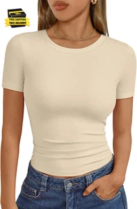 Womens Short Sleeve Shirts Crewneck Ribbed Knit Slim Fitted T-Shirt Summer Basic - Picture 1 of 5