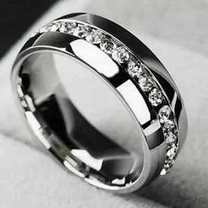Mens 14K White Gold Finish Round Cut White Simulated Diamond Wedding Band Ring - Picture 1 of 4