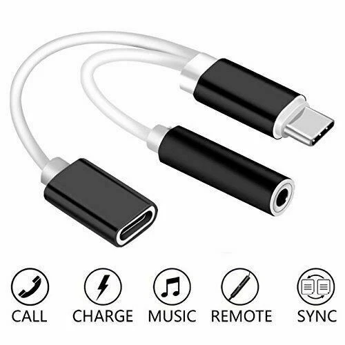 USB Type C To 3.5mm Aux Audio Charging Adapter Splitter Headphone Jack Black - Image 1 of 3