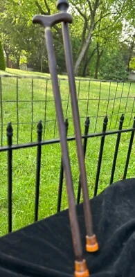 Vintage Art Deco Handmade Oak Walking Stick Cane Pair Brass Band Knob Handle 34” - Image 1 of 4