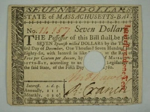 1780 Massachusetts 7 Dollas. Post Colonial. Interested Paid. Cancelled. Uncr. - Picture 1 of 4
