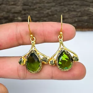 18k Gold Plated Peridot Gemstone 925 Silver Electroforming Earrings Jewelry Gift - Picture 1 of 4