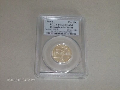 1999 S SILVER PENNSYLVANIA  PCGS PF 69  DEEP CAMEO STATE QUARTER (SERIES LABEL) - Image 1 of 2