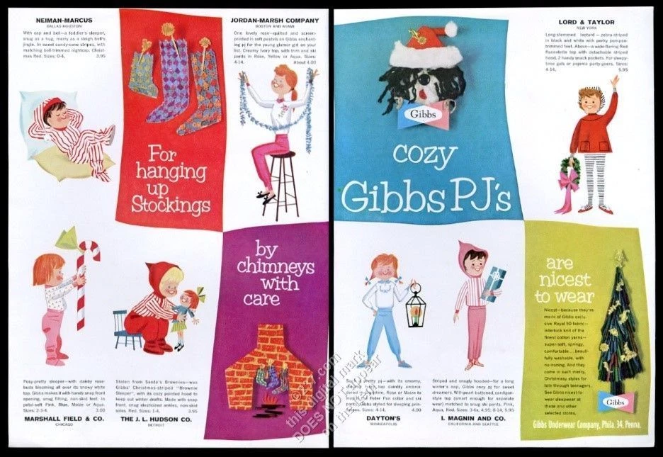 1958 Gibbs pijama niña niño ropa de dormir ilustrado Navidad vintage anuncio impreso Foto 1 de 1