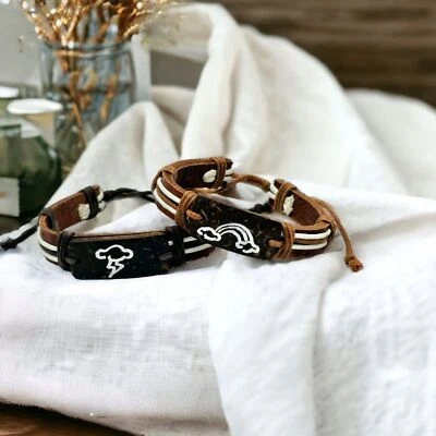 Pulsera de cuero cordón de cáñamo tallado arco iris marrón relámpago tostado diapositiva ajustable Foto 1 de 4