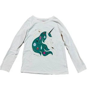 ⭐️ Cat & Jack Green Holiday Unicorn White Long Sleeve Shirt Size 7/8 - Picture 1 of 6
