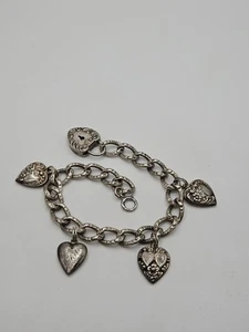 Vintage Sterling Silver Puffy Heart Dangle Charm Bracelet - Picture 1 of 24