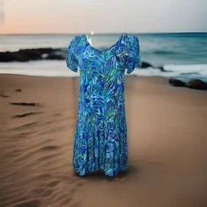 Bali Batik Kleid XS Stufen Flare kurz blau grün tropisch Twirl handbemalt - Bild 1 von 7