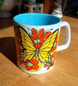 VTG Ceramic JAPAN Coffee Tea Speckled Mug Butterflies Daisies Flower Power Blue - Picture 1 of 5