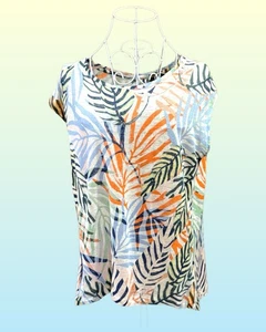 TAHARI 100% Leinen Slub Knit Button Back Damen T-Shirt Gr. M in Leaf Print - Bild 1 von 5