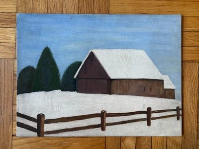 Pintura mínima paisaje acrílico a bordo 14"x 18" de granero campo nevado vintage Foto 1 de 4