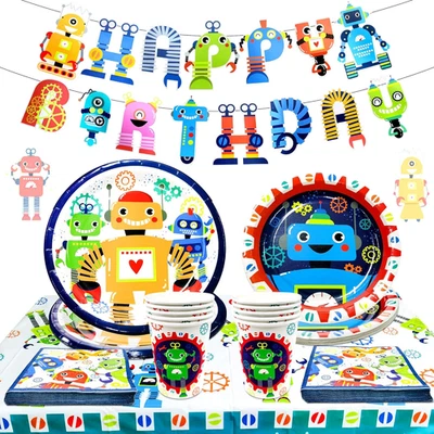 Paquete de fiesta de cumpleaños robot - Juego de 34 piezas que incluye pancarta, platos, servilletas y diciembre Foto 1 de 4