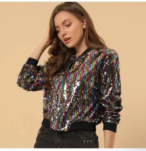 Medium Sequin Sparkle Party Long Sleeve Zipper Bomber Jacket. - Picture 1 of 10