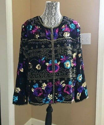 Drapers & Damons Evening Jacket Women's Boho Beaded Sequined Silk Black XL - Image 1 of 4
