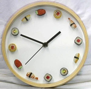 SUSHI CLOCK sashimi wall SMALL miniature round maple 8" glass novelty restaurant - Picture 1 of 7