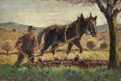 Ölbild Impressionniste Bauer Avec Cheval Travail des Champs 1919 Paysage Afred - Photo 1/4