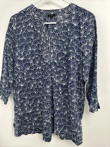 Talbots Cotton Blue White Shell Print V-Neck Tunic Top Sz Large NWOT - Picture 1 of 4