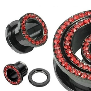 Black Titanium with Red Cz Stones Over Surgical Steel Screw on Tunnels (B/4/2/60 - Picture 1 of 3