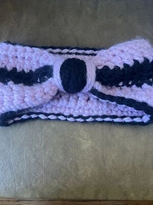 Homemade Crochet Headband Ear Warmer Pink Black Adult Size Pre Worn Winter - Picture 1 of 6