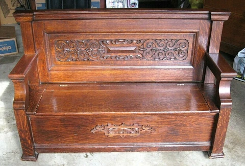 Antique Victorian Quartersawn Tiger Oak HALL BENCH + Storage & Wheels Cover