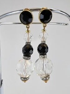Ben Amun Crystal Black Gold Rhinestone Dangle Clip On Earrings - Picture 1 of 6